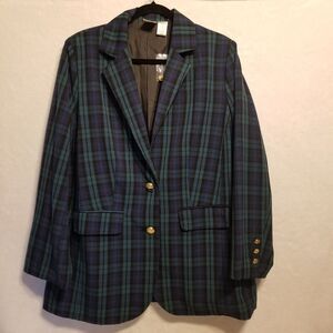 Romans 14W Blazer Jacket Blue Green Black Watch Plaid Classic Preppy Office